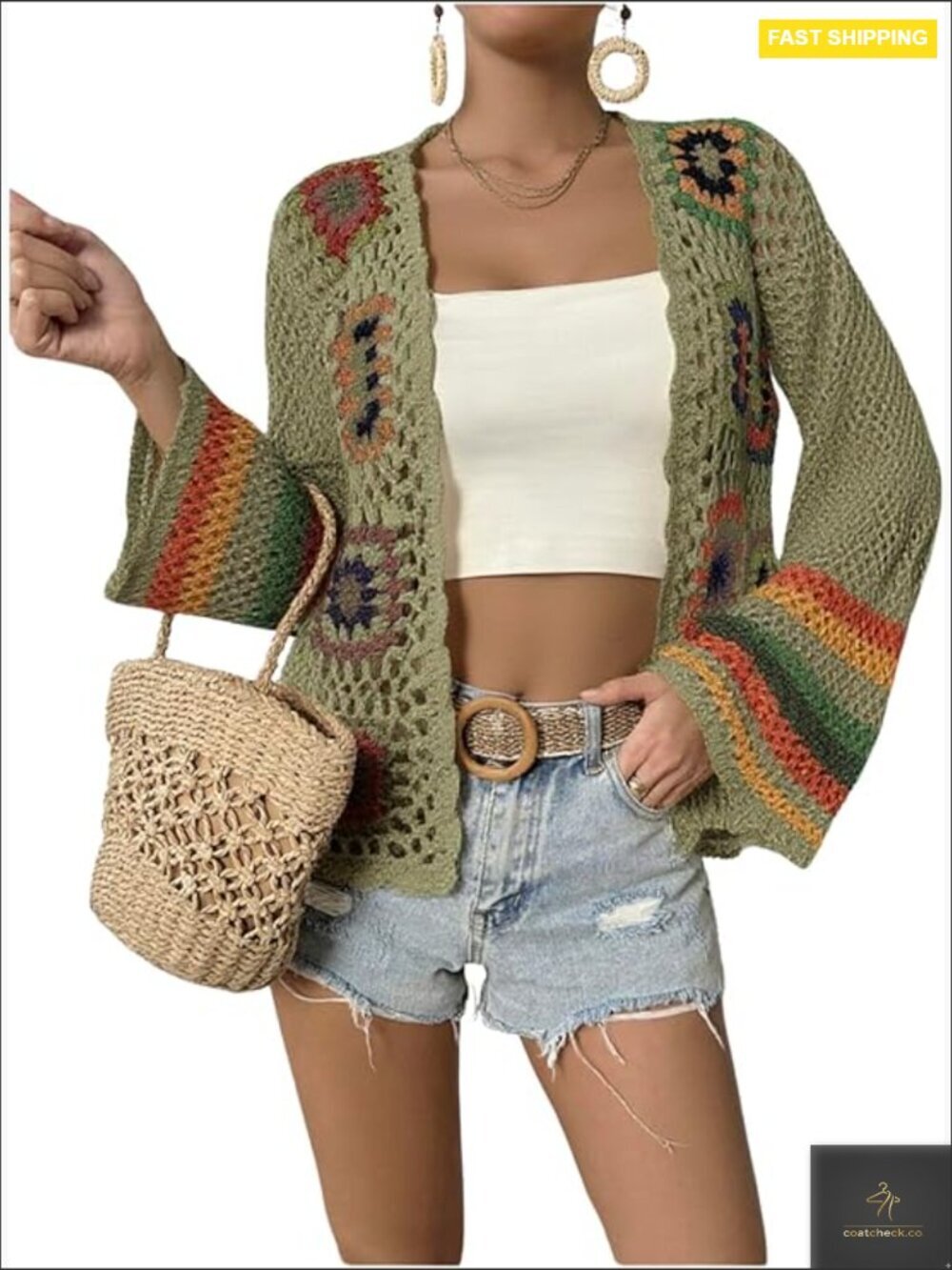 Floral Crochet Cardigan Open Front Long Sleeve Lightweight Sweater